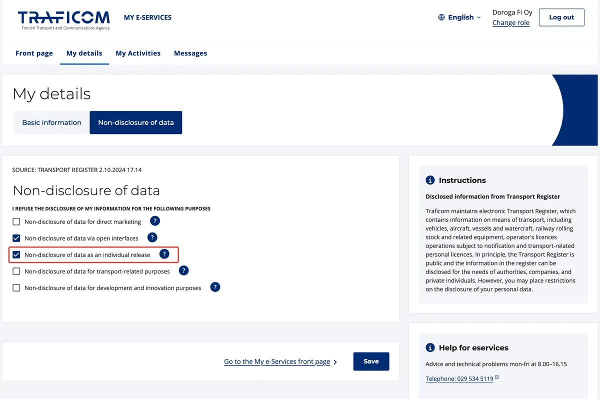 Скрыть домашний адрес в публичных данных Traficom